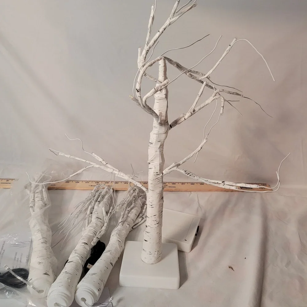 Set of 4 Pre-Lit White Birch Tabletop Trees 24 Inch LED Battery USB Operated